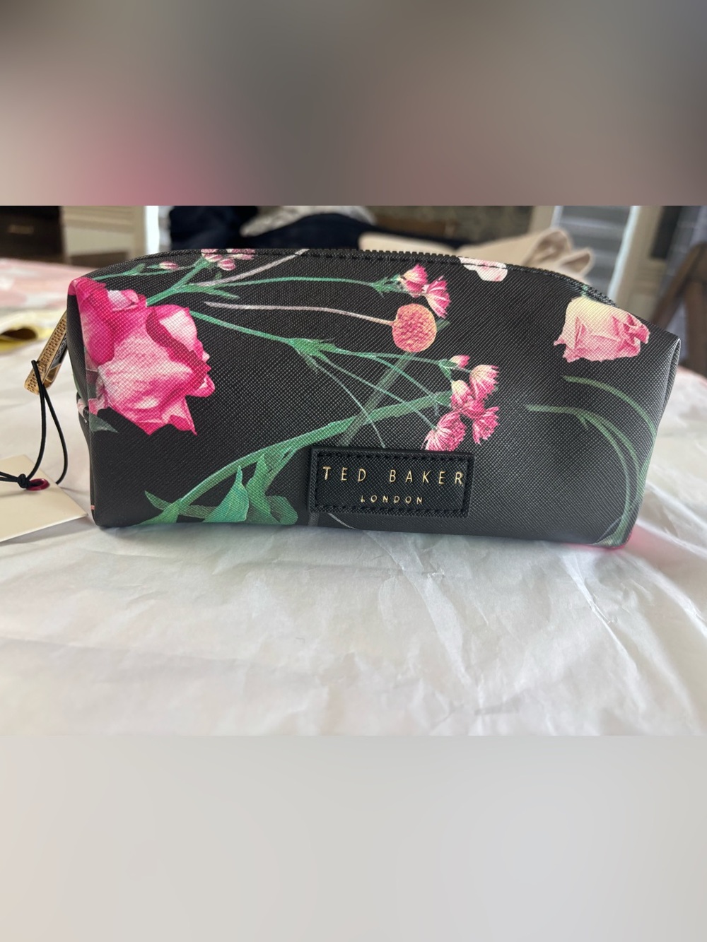 Ted Baker Black Floral Cosmetic Pouch with Pink Blooms